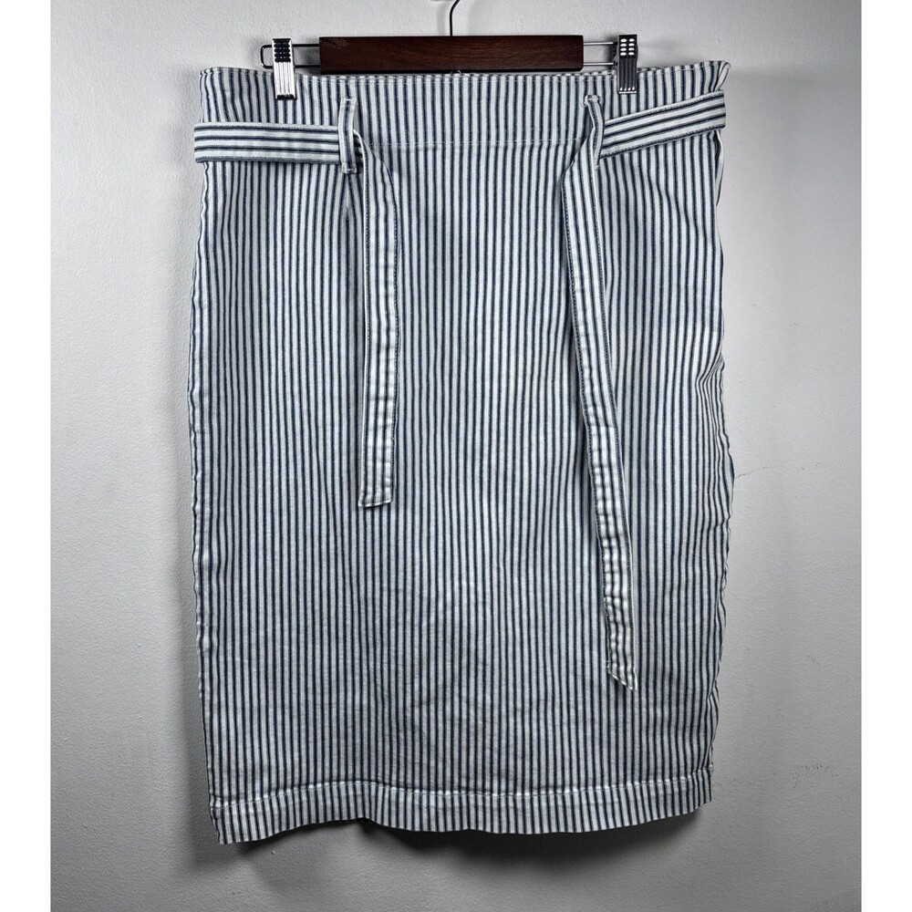 J.Crew Denim Striped Belted Skirt Women’s 32 Blue White Cotton Pencil Midi